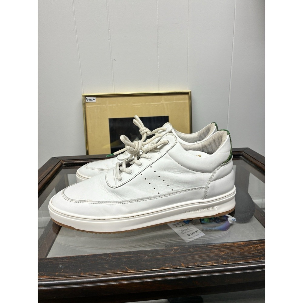 Filling Pieces White Ostrich Effect Leather Low Top Sneakers Green Trim US Sz 9